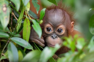 Juvenile orangutan in green foliage