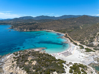 Obraz premium Punta Molentis beach, drone view Villasimius, Sardinia, Italy