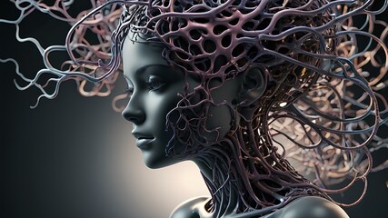 Illustration of a woman whom her head is surrounded by roots and connections while she is sad and thinking. Represent overthinking, sadness, death and mental disorders.