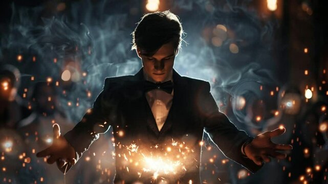 Magician performs spellbinding tricks on stage, captivating audience with mystique and wonder