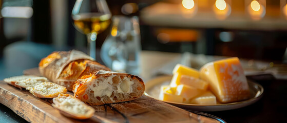 Plate of bread and cheese sits on wooden board in the kitchen, blurred background