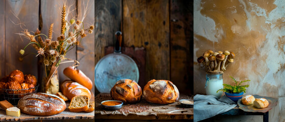 Three images of freshly made bread, art and craft concept, rustic atmosphere