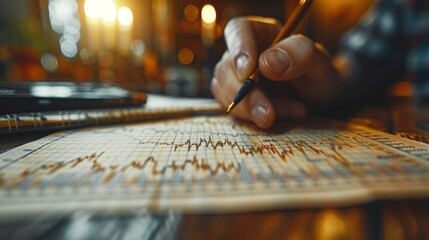 Close-up of a hand writing on a financial chart with a pen