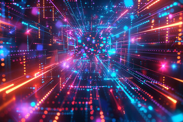 Abstract network nodes, vibrant neon, wide-angle, cyber HUD overlay