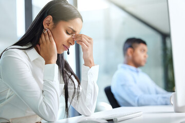 Woman, headache and stress in office with burnout for job, career and mental fatigue. Employee, migraine and pain in call centre with customer service, shift work and frustrated for company target