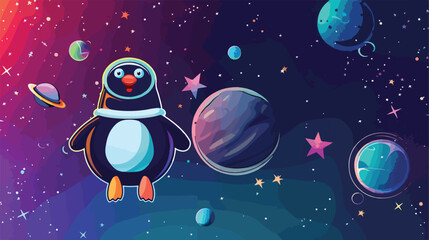 Penguin Astronaut floating in space background Vector
