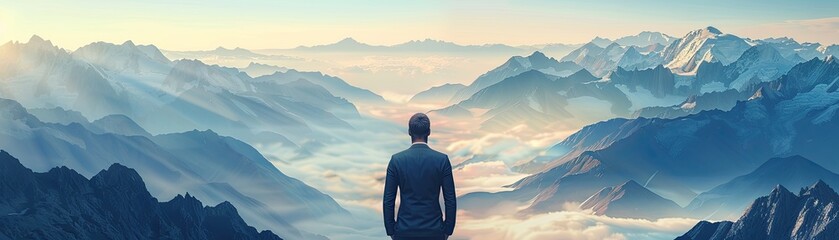 A businessman gazes at the view from the mountain top, symbolizing success in business. The illustration captures the essence of achieving business goals
