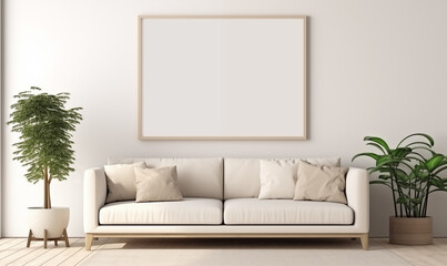 3d rendering, A minimalist living room with a cream sofa, coffee table and empty picture frame on the wall