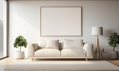 3d rendering, A minimalist living room with a cream sofa, coffee table and empty picture frame on the wall