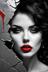 Graffiti art. Black and white. Close-up of beautiful woman with red lipstick and broken wall.
