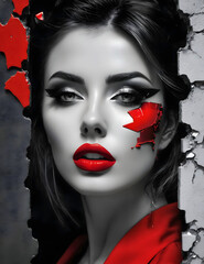 Graffiti art. Black and white. Close-up of beautiful woman with red lipstick and broken wall.