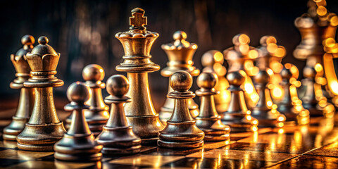 Strategically Arranged Chess Pieces on Wooden Chessboard with Dramatic Lighting and Shadows