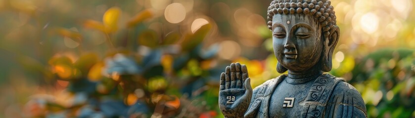 A sculpture depicting Buddha with one hand raised in a gesture of prayer