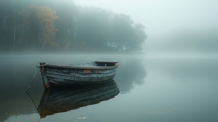 Fototapeta premium A boat sits calmly in a foggy lake, surrounded by the misty beauty of nature.
