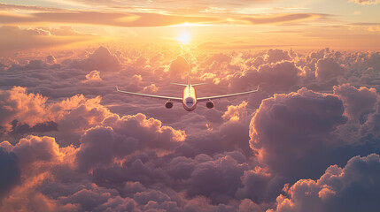 Commercial airplane jetliner flying above dramatic clouds in beautiful sunset light flight travel transport airline background concept Airplane in the sunset sky