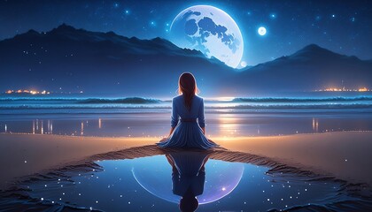 A woman sitting on the edge of a mystical beach at night and looking at the moon