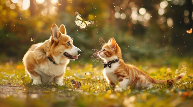 cute fluffy friends a cat and a dog wearing bow ties playing together in the park catch a flying butterfly in a sunny summer garden