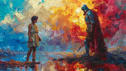 David and Goliath oil painting illustration. Bible story of shepherd boy defeating giant warrior with simple stone and slingshot. Triumph concept. Brilliant sunset background.
