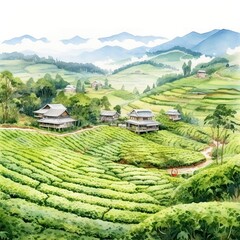 Watercolor tea garden. Scenery of tea plantation. 