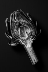 Close up artichoke cut in half in black and white