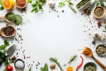 Food background with spices, herbs and utensil on white background - generative ai