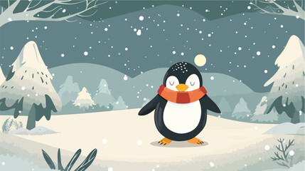 Penguin on winter forest background Vector style 