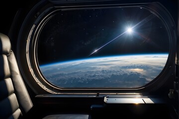 Blick aus dem Fenster einer Raumschiffs auf die Erde - Weltall - KI generiert