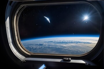 Blick aus dem Fenster einer Raumschiffs auf die Erde - Weltall - KI generiert