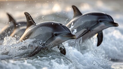 A group of dolphins jumping out of the water.