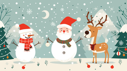 Merry Christmas. Santa Claus Snowman and Reindeer Vector