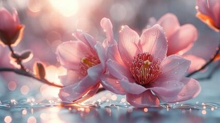   Pink flower with water droplets on petals and hazy background