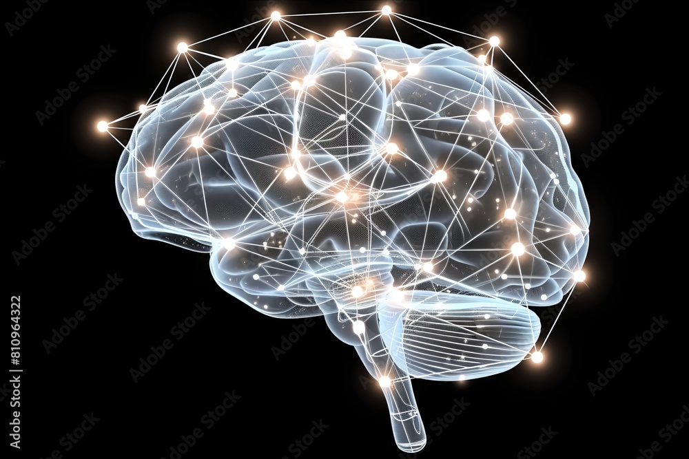 Poster detailed 3d illustration of a complex human brain structure resembling a network of interconnected n