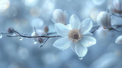   Close-up of a flower on a branch with water droplets on petals and a blurred background