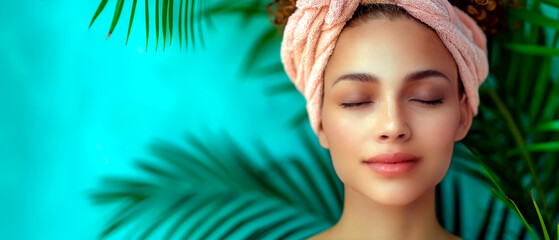 Woman with pink scarf on her head sitting in front of green background, wellness concept