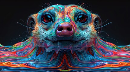   A close-up photo of a dog's face surrounded by colorful water