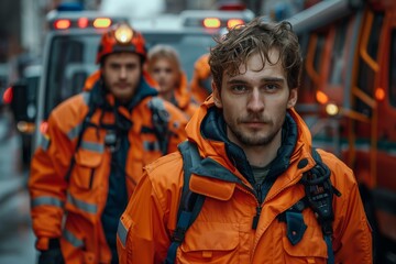 A paramedic with a serious expression in orange gear, with his team and ambulance visible