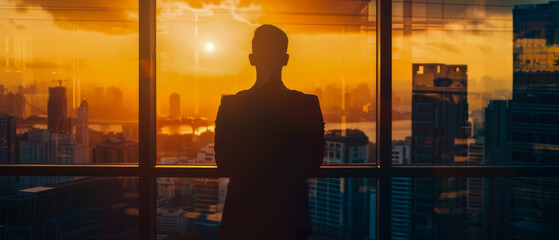 Businesses man standing in front of window looking out at the city at sunset