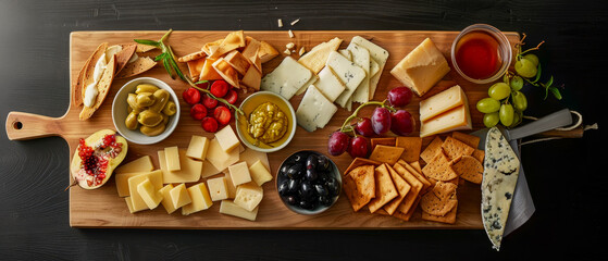 A wooden board with a variety of cheeses, crackers, and grapes