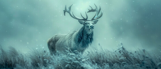 A solitude deer standing in a field of snow