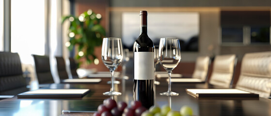 Bottle of wine, label without text, wine glasses, grapes, exquisite presentation scene mock up