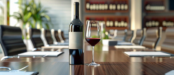 Elegant scene mock up, bottle of red wine, wine glass, luxury settings, office wooden table