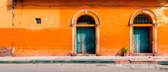 Old house with grunge orange wall and blue doors in the street