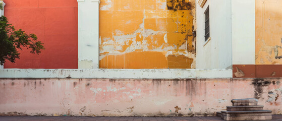 A grunge and old wall with pink and yellow color scheme