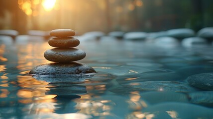 A photo of a stack of smooth, round stones balanced on top of each other, sitting in a shallow body of water with the sun reflecting off the surface of the water.
