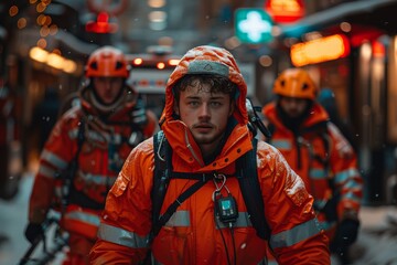Obraz premium A young paramedic in an orange high-visibility uniform looks ahead with determination, with his team in the background in a snowy urban setting