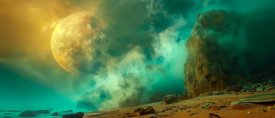 A fantasy space scene with a large yellow planet, fog, rocky mountains