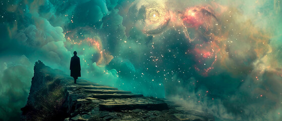 Man walking up a staircase, sky filled with stars and clouds, fantasy y surreal scene