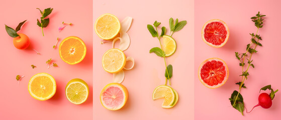 Three different types of fruit arranged on pink background, vibrant display