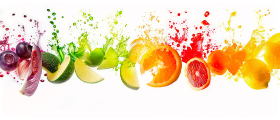 A colorful image of fruit with splash of water, oranges, apples and grapes