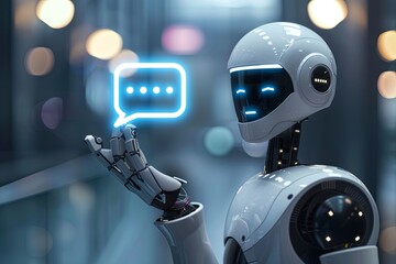 Naklejka premium A robot holding a smart phone with a speech bubble above it, representing a conversation or communication in a programming development setting. Generative AI